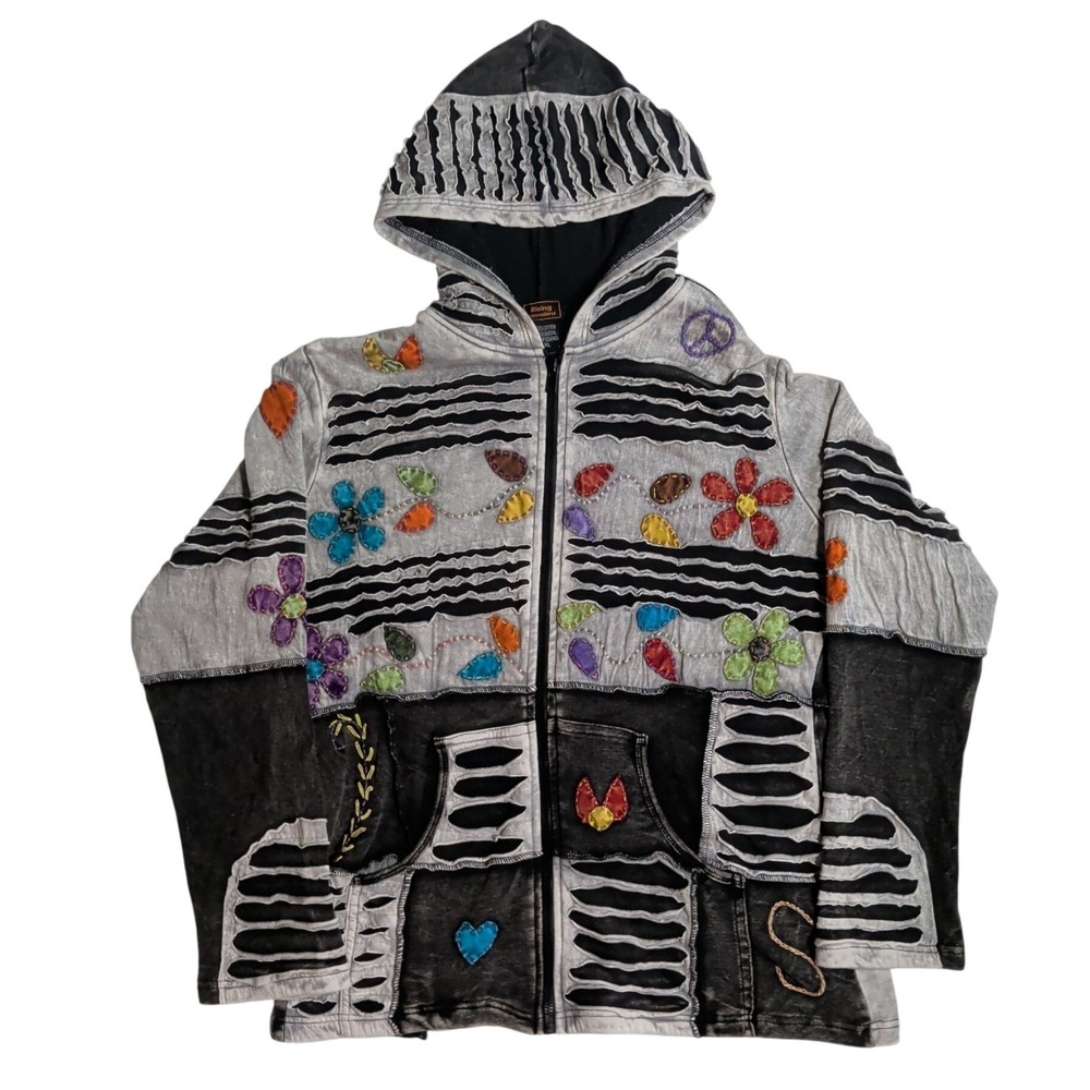Rising International Patchwork Hoodie Womens Size XL Sweater Hippie Festival
